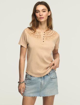Lucky Brand Womens Embroidered Yoke Henley Tee