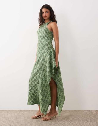 Asos Vestito midi verde a quadri con scollo a vogatore e volant laterali