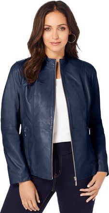 Jessica London Zip Front Leather Jacket in Navy at Nordstrom, Size 26