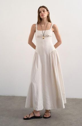 Topshop Gathered Fit & Flare Maxi Dress in Natural at Nordstrom, Size 12 Us
