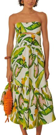 Farm Rio Linen Summer Foliage Off White Strapless Midi Dress