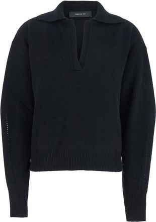 Federica Tosi Black Polo Shirt With Wide Collar And Dropped Shoulders In Wool And Cashmere Blend Woman