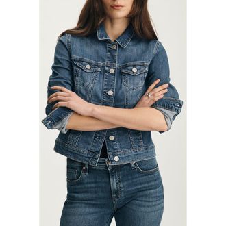 Mavi Samantha Crop Denim Trucker Jacket in Dark Brushed Flex Blue at Nordstrom, Size X-Large