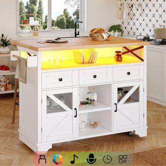 Matteo Smart Mobile Kitchen Island Cart with LED & Drop-Leaf Table in White