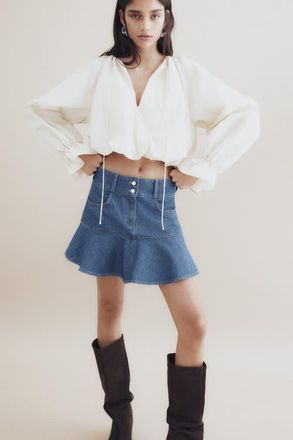 H&M Flounced Denim Mini Skirt in Denim Blue at Nordstrom, Size 12