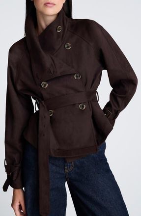 Kenneth Cole Faux Suede Crop Belted Trench Coat in Brown Bear at Nordstrom, Size Large