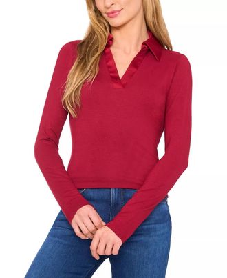 CeCe by Cynthia Steffe Collared V-Neck Long Sleeve Jersey With Satin Detail Top In Mulberry Red