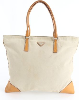 Prada Beige Leather Canvas Handbag Tote Bag (Pre-Owned)