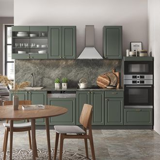 Vicco Mueble De Cocina Fame-line, Verde-dorado Casa De Campo/antracita, 300 Cm Con Armario Alto, Et M&aacute;rmol
