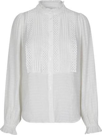 Lollys Laundry Geborduurde Blouse met Ruches Wit - Dames - Overhemden - Wit - M - Polyester - Overhemden