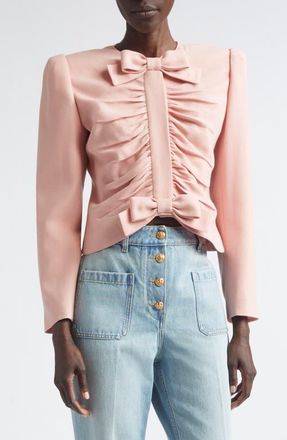 Valentino Bow Detail Crispy Lightweight Crop Wool Jacket in Rose at Nordstrom, Size 8 Us