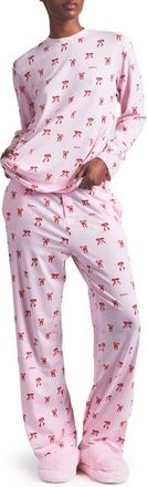 SKIMS Boyfriend Long Sleeve T-Shirt & Loose Pants Pajamas in Candy Bow Print at Nordstrom, Size X-Small