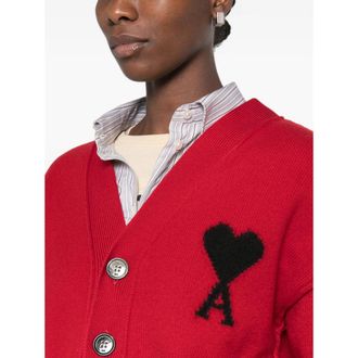 Ami Heart-Intarsia Knit Cardigan - Red