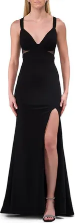 La Femme Long Evening Dress with Illusion Mesh Sides in Black at Nordstrom, Size 10