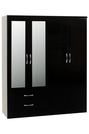 Seconique Nevada 4 Door 2 Drawer Mirrored Wardrobe in Jet Black