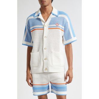 Casablanca Camp Collar Short Sleeve Cotton Crochet Cardigan in Blue Multi at Nordstrom, Size Xx-Large