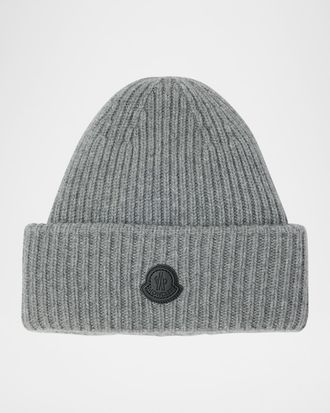 Moncler Men & apos;s Cashmere Rib Leather-Logo Beanie Hat