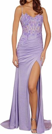 Nox Anabel Embroidered High Slit Gown In Lilac