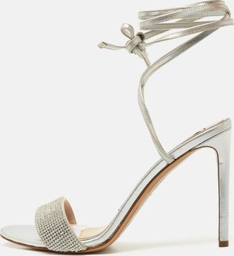 Alexandre Vauthier Silver Leather Crystal Embellished Ankle Wrap Sandals