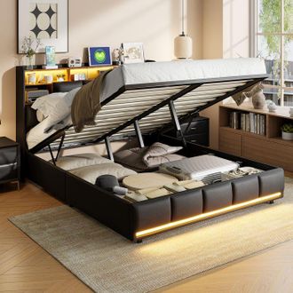 OEM Cama Lit 140x200 Cm Negra Con Led Integrados, Puertos De Carga, Somier De Lamas Y Almacenamiento