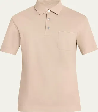 Ermenegildo Zegna Mens Pique Polo Shirt with Leather-Trim Pocket
