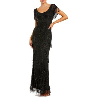 Mac Duggal Beaded Mesh Fringe Short Sleeve Column Gown in Black at Nordstrom, Size 12