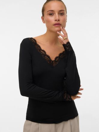 Vero Moda Langarmshirt VERO MODA VMSKYE LS V-NECK LACE TOP JRS NOOS, Damen, Gr. S, schwarz, Jersey, Obermaterial: 86% Modal, 8% Wolle, 6% Elasthan, unifarben, h