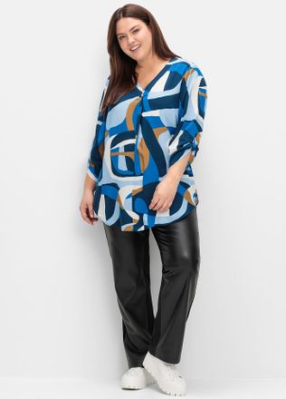 Sheego Longbluse SHEEGO, Damen, Gr. 44, blau (tiefblau, gemustert), 100% Viskose, bedruckt, gemustert, mehrfarbig, V-Ausschnitt, Blusen Longbluse