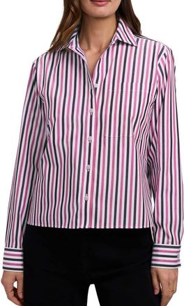 Foxcroft Jodie Stripe Cotton Button-Up Shirt in Pomegranate Pink/multi at Nordstrom, Size X-Large