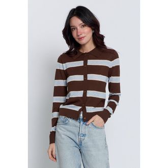 Central Park West Quinn Striped Sheer Button Up in Chocolate Combo at Nordstrom, Size Large
