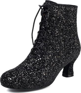 Generic Womens Lace Up Glitter Evening Party Ankle Boots with Chunky Heel,Black,7.5 UK