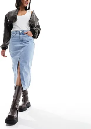 Only denim midi skirt with front split in light blue