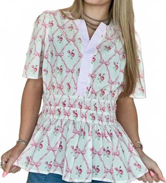 She + Sky Short Sleeve Woven Print Top With Elastic Waist Band In Pink