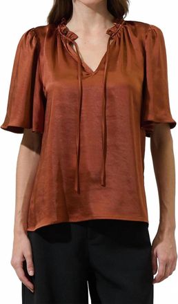 Sugarlips Angela Satin Tie Neck Flutter Sleeve Blouse In Chocolate
