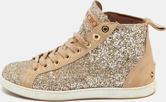 Jimmy Choo London Beige/silver Glitter And Suede High Top Sneakers