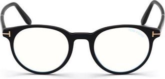Tom Ford 49mm Round Blue Light Blocking Glasses in Shiny Black /Blue Block at Nordstrom