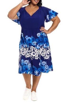 London Times Floral Flutter Sleeve Fit & Flare Dress in Navy/Cobalt at Nordstrom Rack, Size 16W