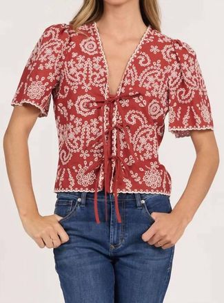 Dear John Denim Cielo Embroidered Tie Front Blouse In Burnt Brick