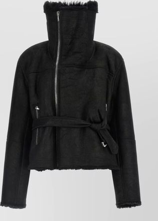 Rick Owens shearling cropped belted funnel-neck jacket