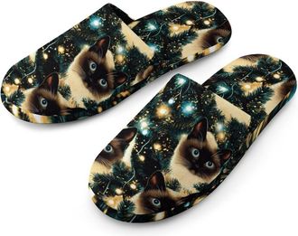Generic Siamese Cat Christmas Night Mens Slippers Flannel Warm House Shoes with Rubber Anti-Slip Sole Slip On for Home Outdoor