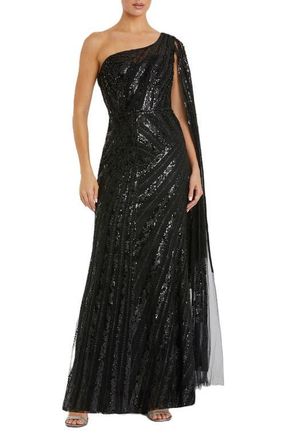 Mac Duggal One Shoulder Cape Sleeve Embellished Gown in Black at Nordstrom, Size 10