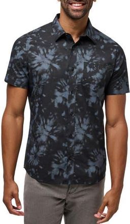 Travis Mathew Warmer Tides Tie Dye Short Sleeve Stretch Button-Up Shirt in Black at Nordstrom Rack, Size X-Large