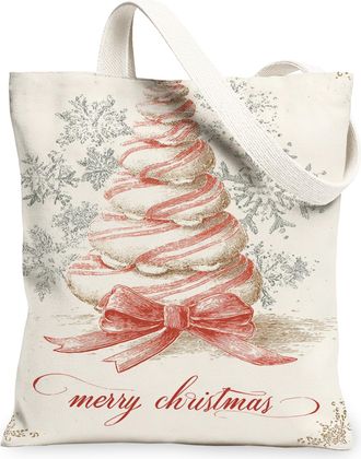 Generic Christmas Tree Canvas Tote Bag, Floral Design Reusable Shopping Bags, Holiday Vintage Lightweight Washable Shoulder Strap C, White, 13x15 Inch