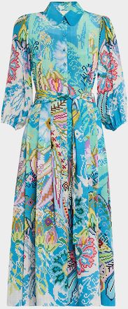 Maison Common Floral Digital-Print Puff-Sleeve Midi Shirtdress With Belt
