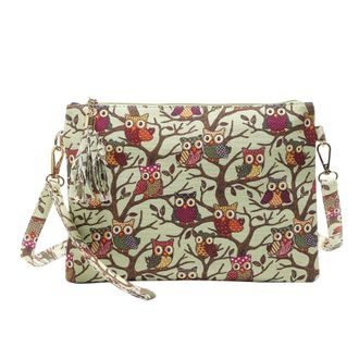 Generic Ladies Owl Printed Canvas Tassel Zipper Envelope Bag Detachable Shoulder Strap Messenger Bag Messenger Bag Large Canvas (Green, One Size)