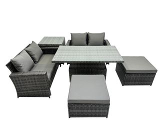 Fimous Outdoor Love Sofa Set 6 Seat Rattan Garden Furniture Set & Big Stools in Dark Grey
