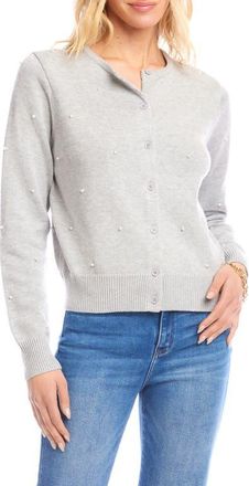 Karen Kane Faux Pearl Embellished Crewneck Cardigan in Gray at Nordstrom, Size X-Small