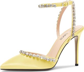 Castamere Womens Stiletto High Heel Pointed Toe Ankle Strap Rhinestone Crystal Pumps Court Shoe Prom Satin 10 CM Heels Light Yellow 9.5 UK