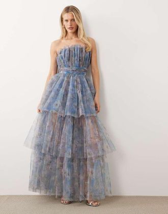 Lace & Beads Vestito lungo a fascia in tulle lilla a fiori grandi-Multicolore