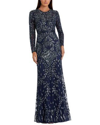 Mac Duggal Long Sleeve Beaded Mesh High Neck A-Line Gown